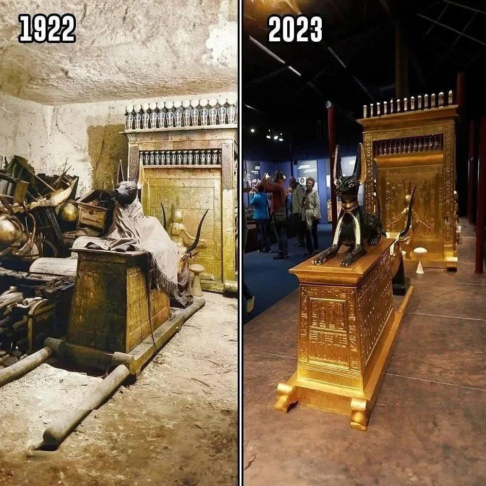 1922年的考古发掘照片与2023年的博物馆展品并置，突显了图坦卡蒙宝藏自192