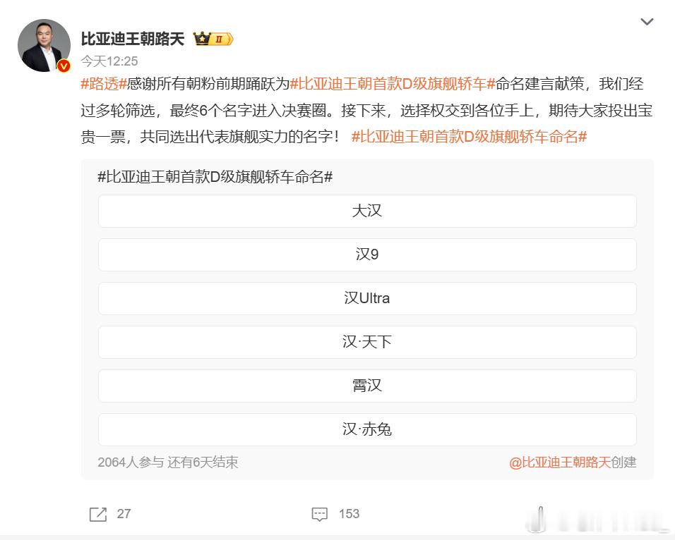 比亚迪王朝首款D级旗舰轿车 命名交给网友了！现在数据是大汉第一，你投了哪个？