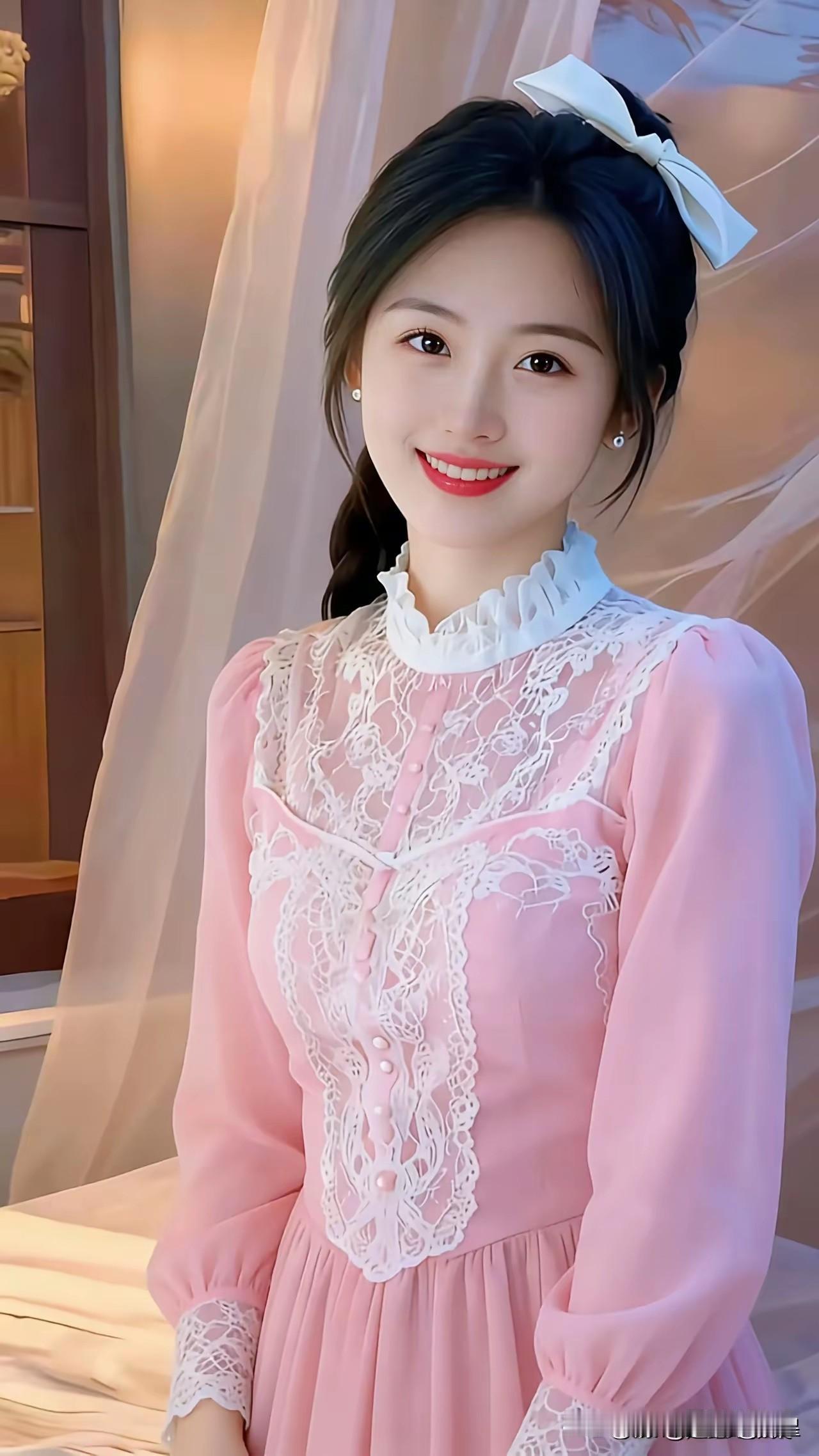 穿粉色裙子的女孩在拍写真，这微笑能迷倒一片，眯眼动作更是一绝，比心举动看着我心都