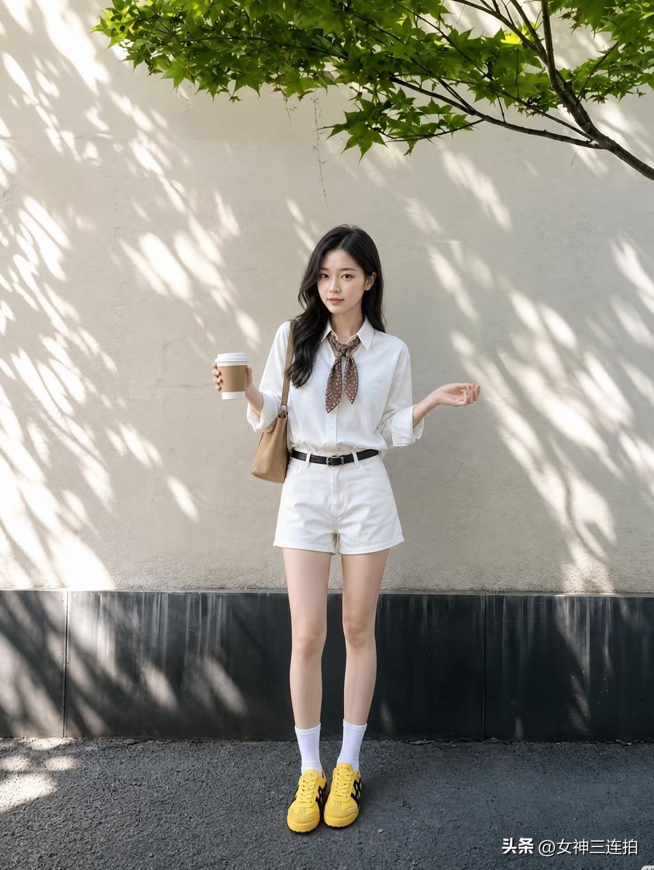 夏日清新穿搭，白色衬衫+短裤，搭配黄色运动鞋，轻松自在！🌞👗👟