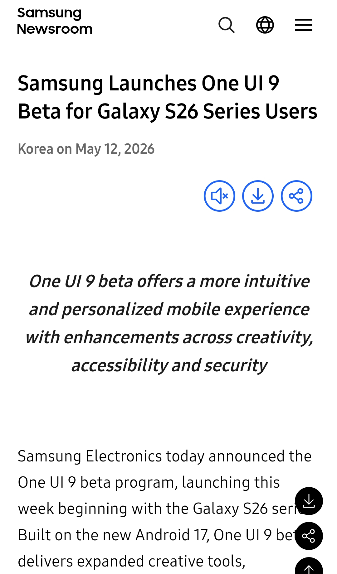 三星宣布正式启动 One UI 9 Beta 测试计划，本周开始率先面向 Sam