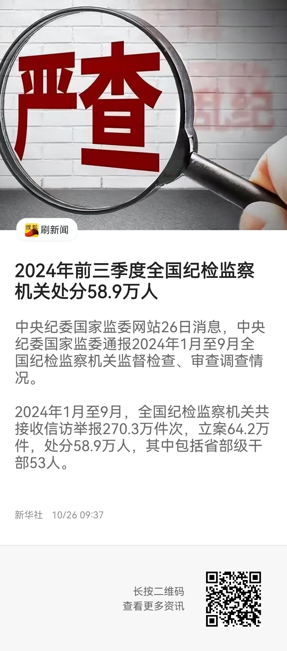 【2024年前三季度全国纪检监察机关处分58.9万人】2024年1月至9月，全国