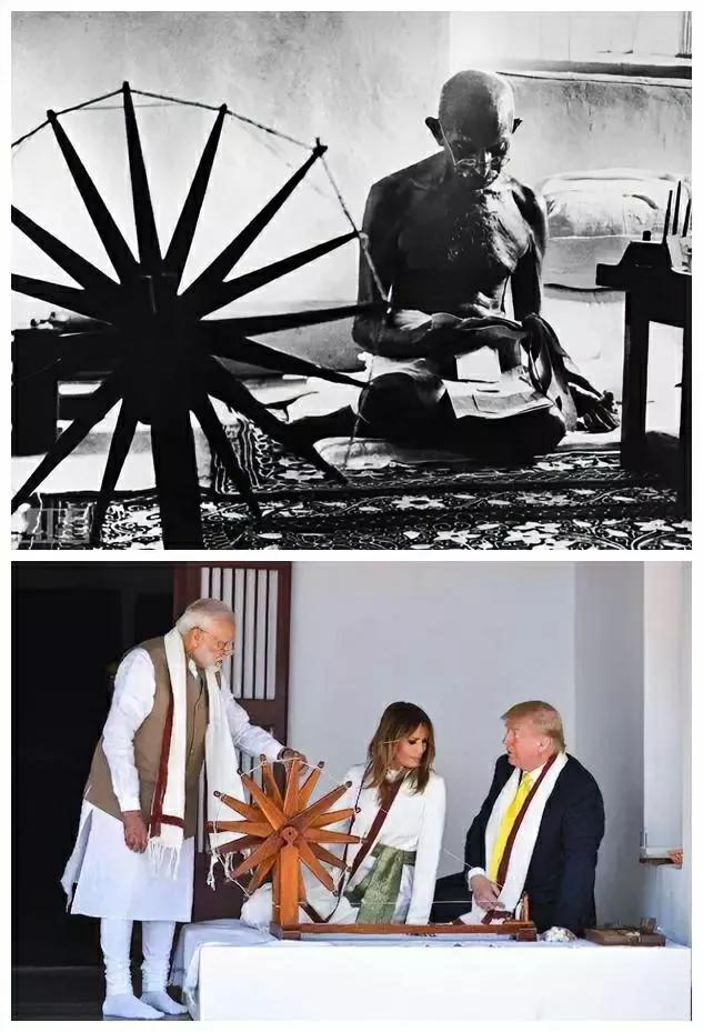 1947年，甘地倡导非暴力不合作理论，78岁的甘地用手纺的土布代替洋布，釜底抽薪