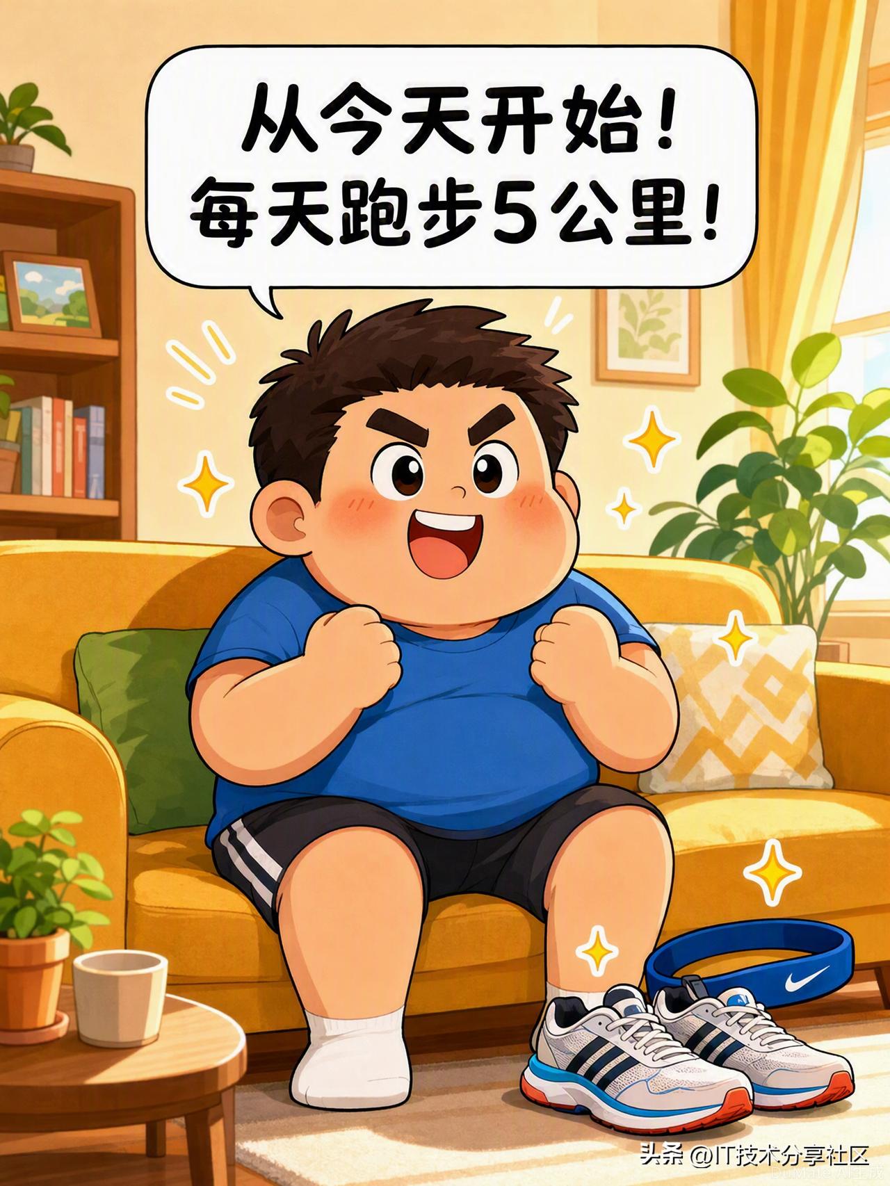 《减肥，从明天开始》

小李突然把全新跑鞋往沙发旁一摆，双手握拳举过头顶，慷慨激