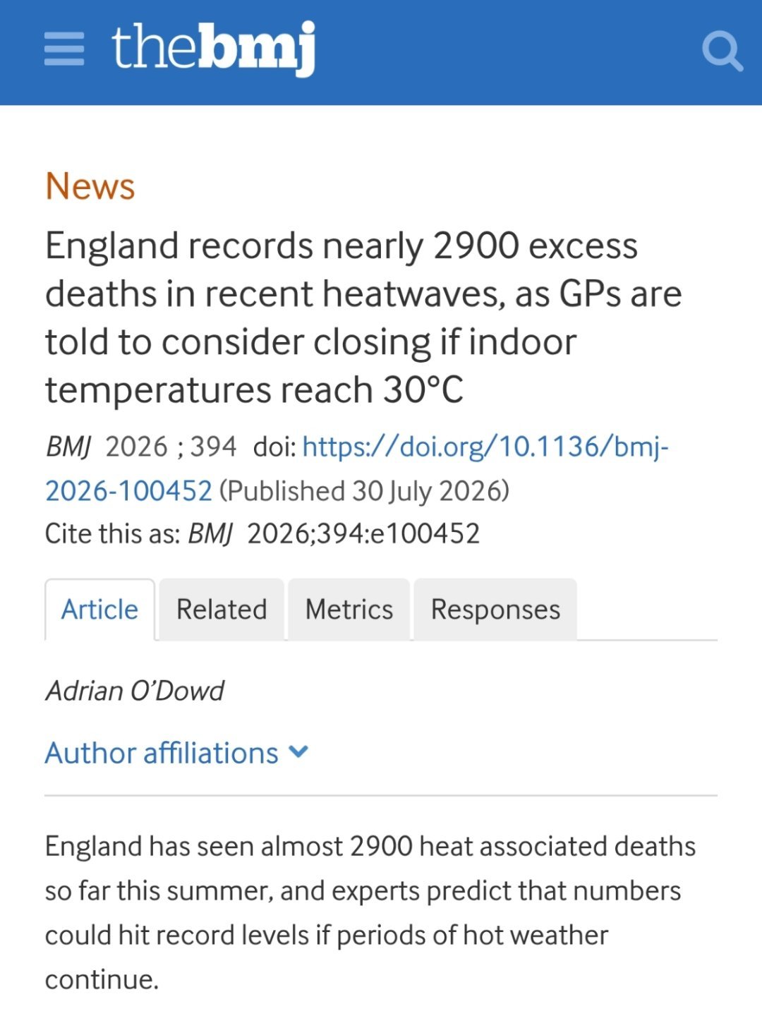 英国热死这么多人！¹ 顶尖权威医学期刊BMJ发表：仅英格兰，今年高温相关超额死亡