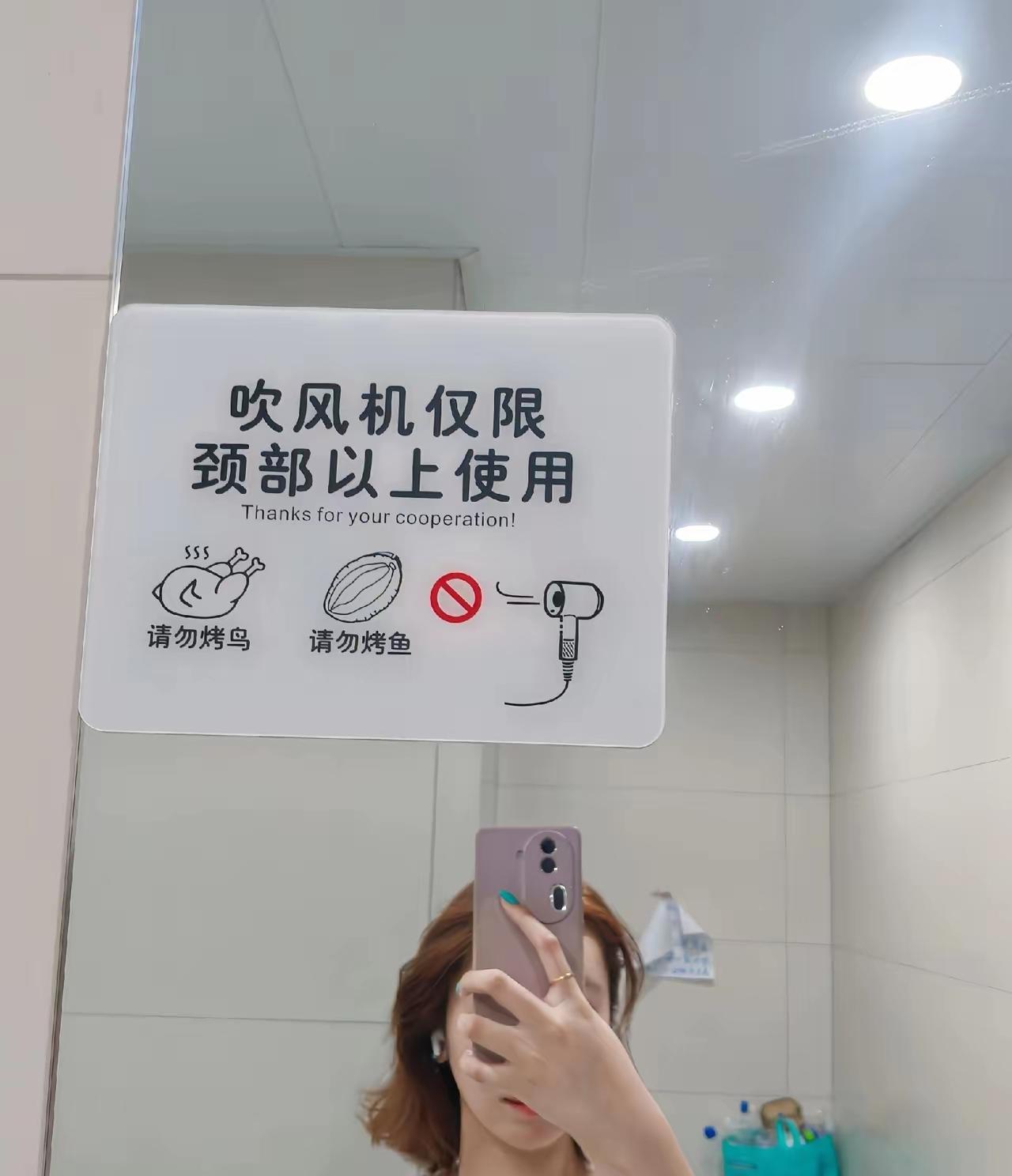 烤鸟、烧鱼，酒店也是真的无奈了，才会在吹风机旁边贴出这种标语，我也绝对相信，离谱