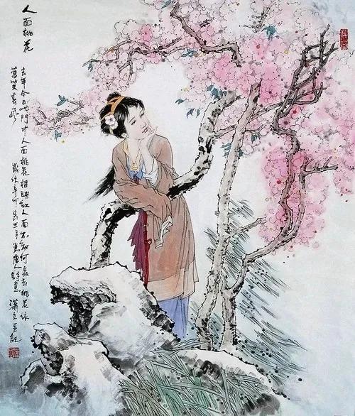 题都城南庄    崔护

去年今日此门中，人面桃花相映红。
人面不知何处去，桃花