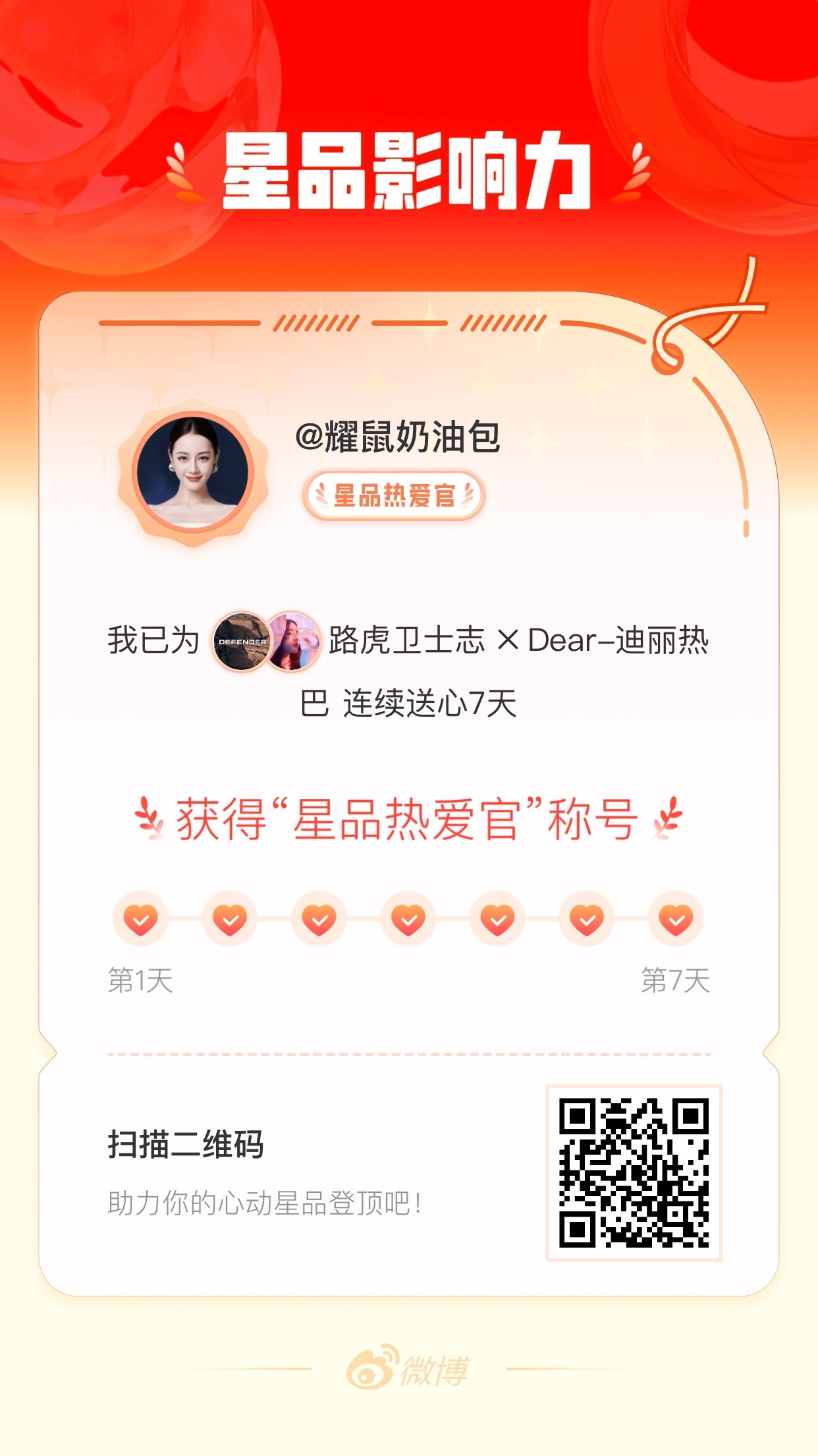 我在星品影响力上为 X 连续送心7天，获得“星品热爱官”称号！快来一起pick你