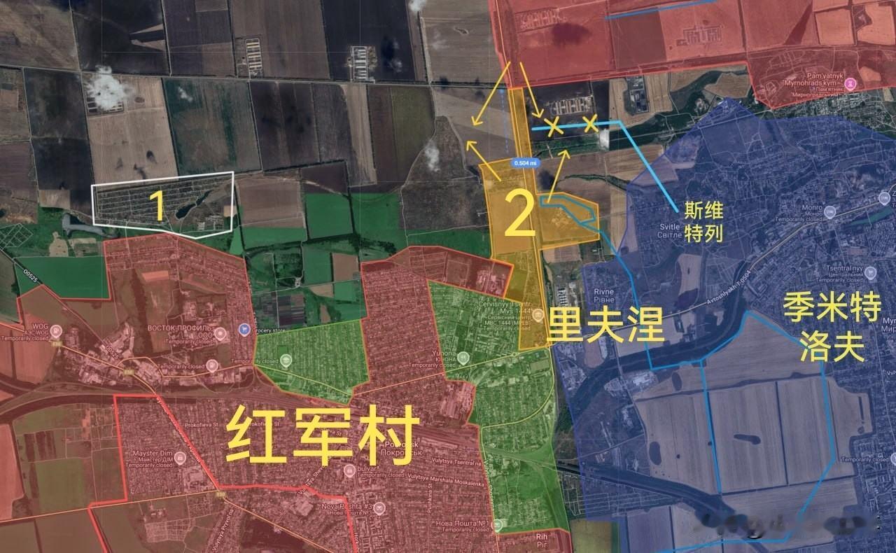 K哥报告称，俄军已控制了红军村市95%的地区（图一），乌军可能仍控制着该市最北端