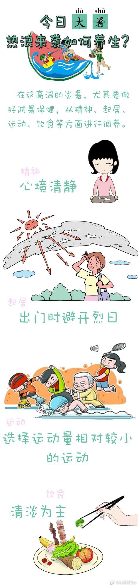 阳光信用  今日大暑，大暑养生：解暑祛湿，敛阳健脾三宜：夜卧早起，午间小睡；饮食