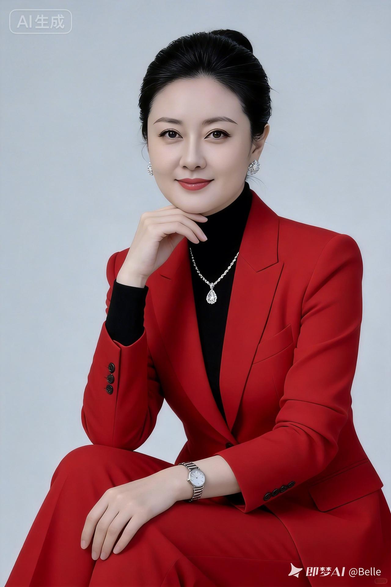 优雅红衣女郎，自信微笑，尽显时尚魅力！