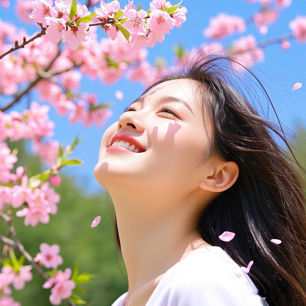 女孩面对红花儿，笑容满面，这样就是幸福。