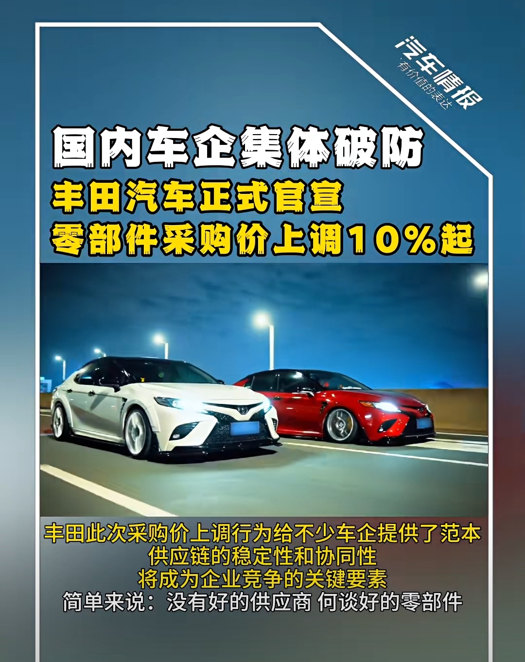 1.丰田官宣零部件上浮10%2.北汽全面押宝极狐和享界3.上海又出一家造车新势力
