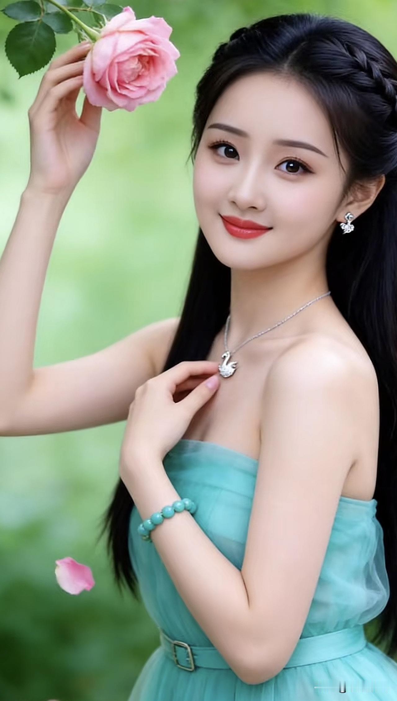 温柔甜美的少女，手持粉色玫瑰，清新自然。淡粉色的玫瑰 玫瑰花粉色照 温柔粉色玫瑰