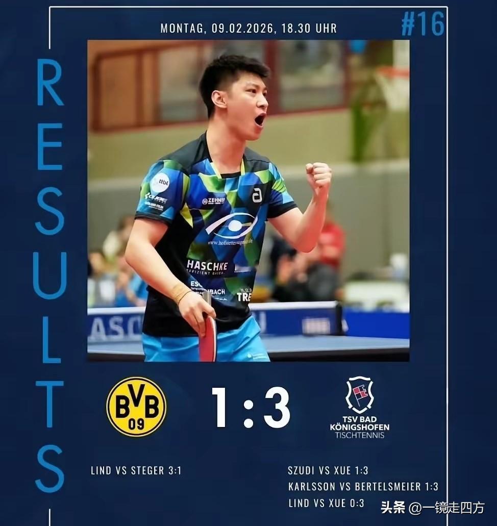 昨晚进行的德国乒乓球甲级联赛第16轮薛飞加盟的巴特柯尼希斯霍芬对阵多特蒙德队，薛