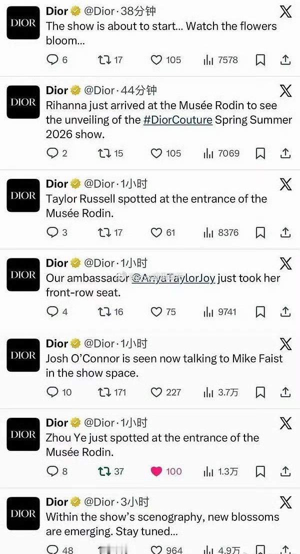 周也是Dior此次高定秀全球首位转发推特也只发了五个艺人包括周也，其他的全是大咖