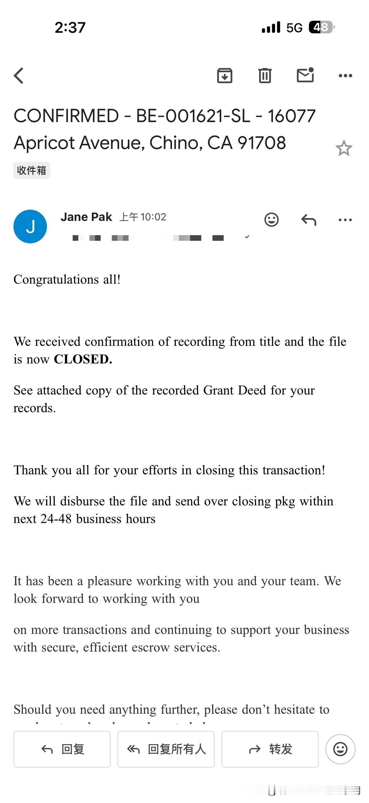 人不在美国把美国房子卖了！
又close一单！代表卖家，远程卖房！人不在美国也可