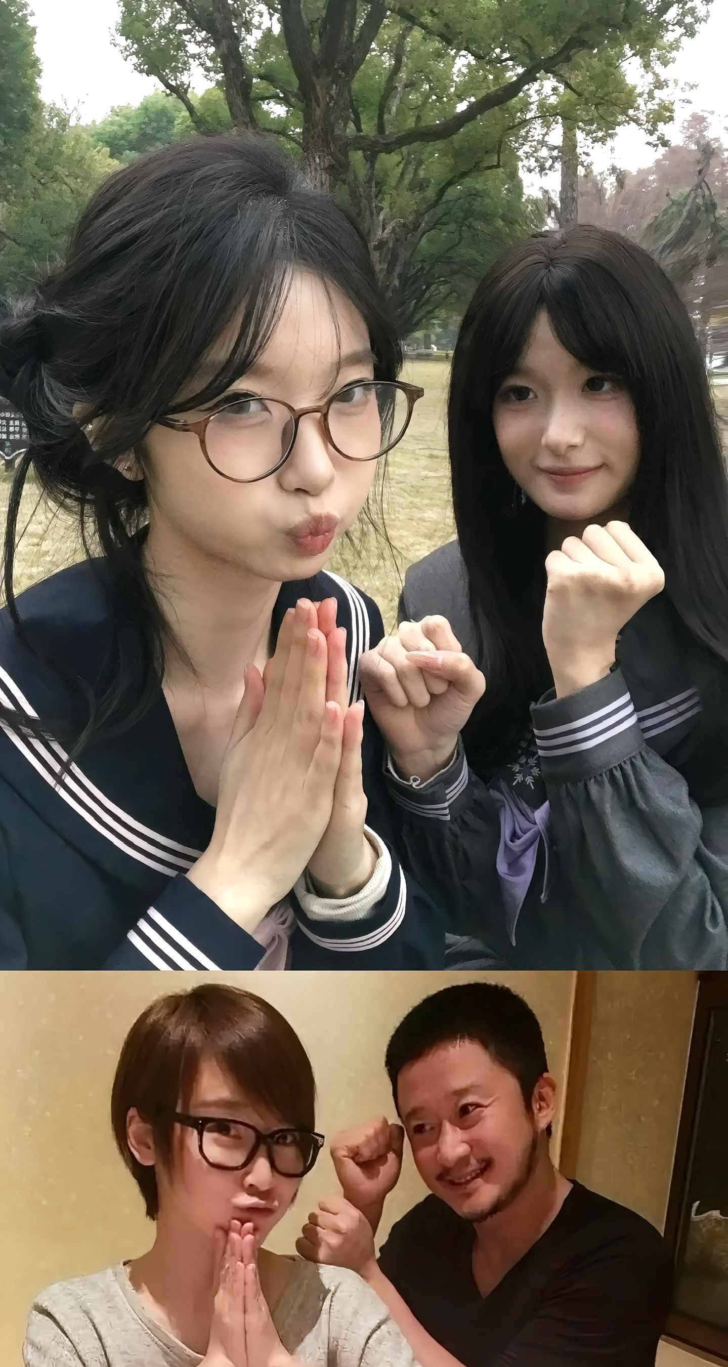 吴京 短中庭大眼睛娃娃脸 闺蜜我们又有新的双人合照姿势可以拍了吴京谢楠这张合照萌