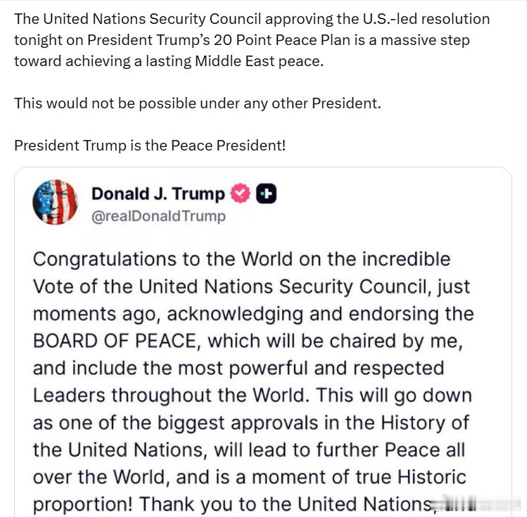 联合国安理会通过了特朗普总统的“20点和平计划”的决议，这是迈向中东持久和平的重