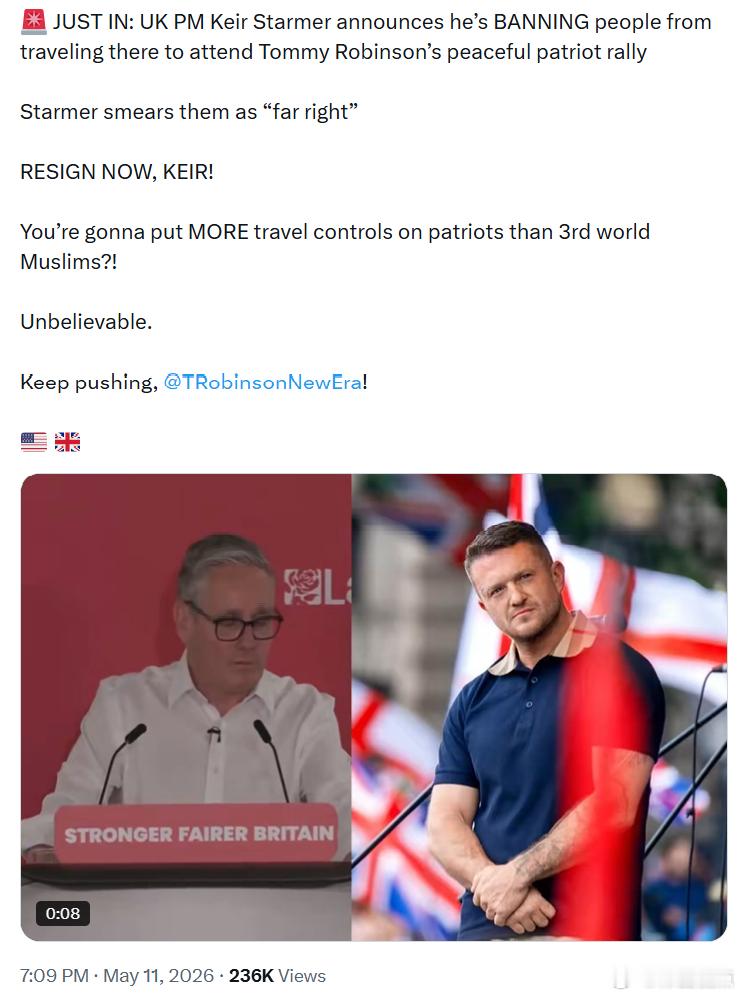 英国首相基尔·斯塔默宣布，他将禁止人们前往英国参加汤米·罗宾逊举办的“和平爱国者