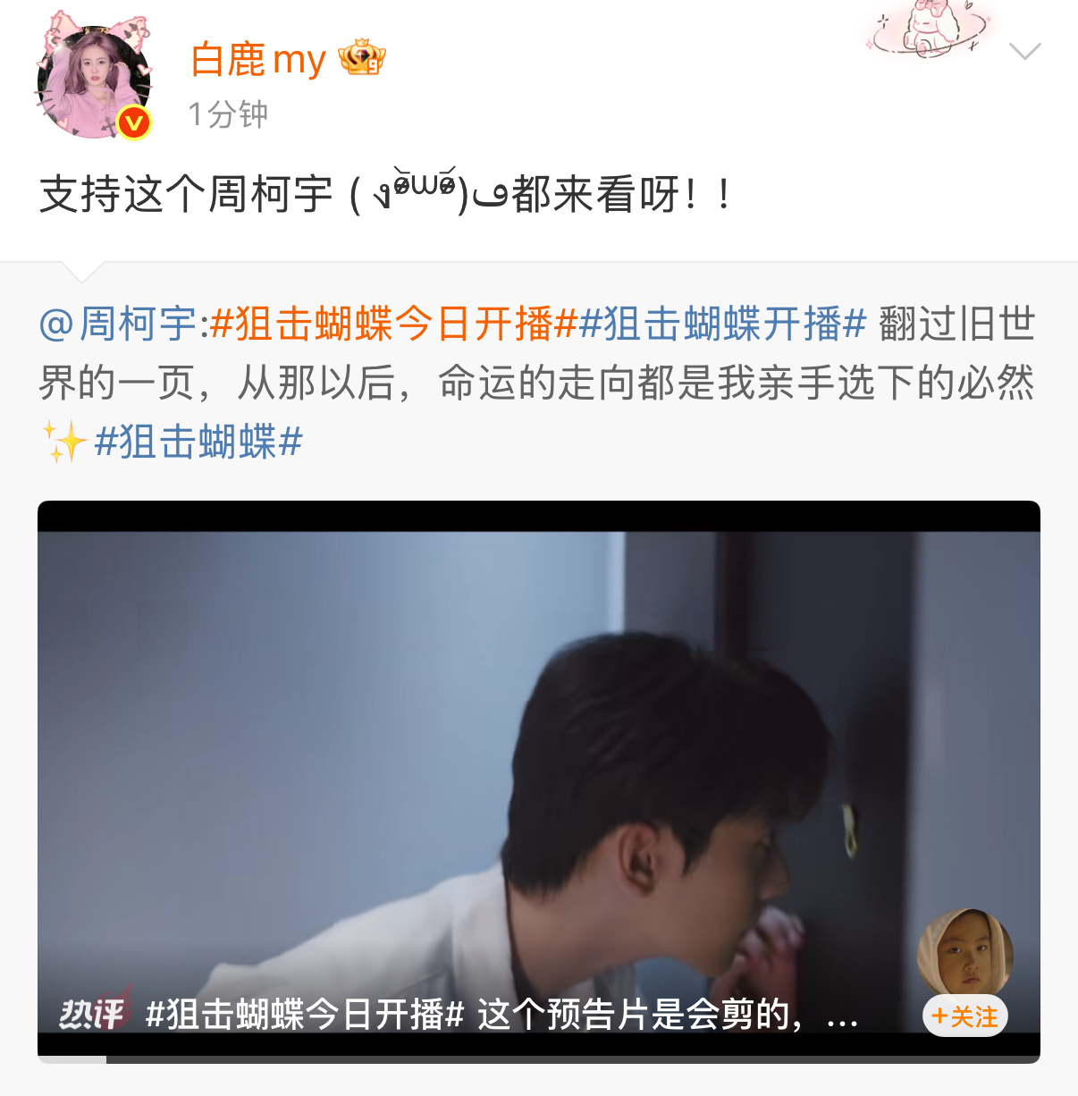 白鹿为周柯宇新剧宣传白鹿为周柯宇新剧狙击蝴蝶宣传啦，我们小菠就是宣传委员啦，一起