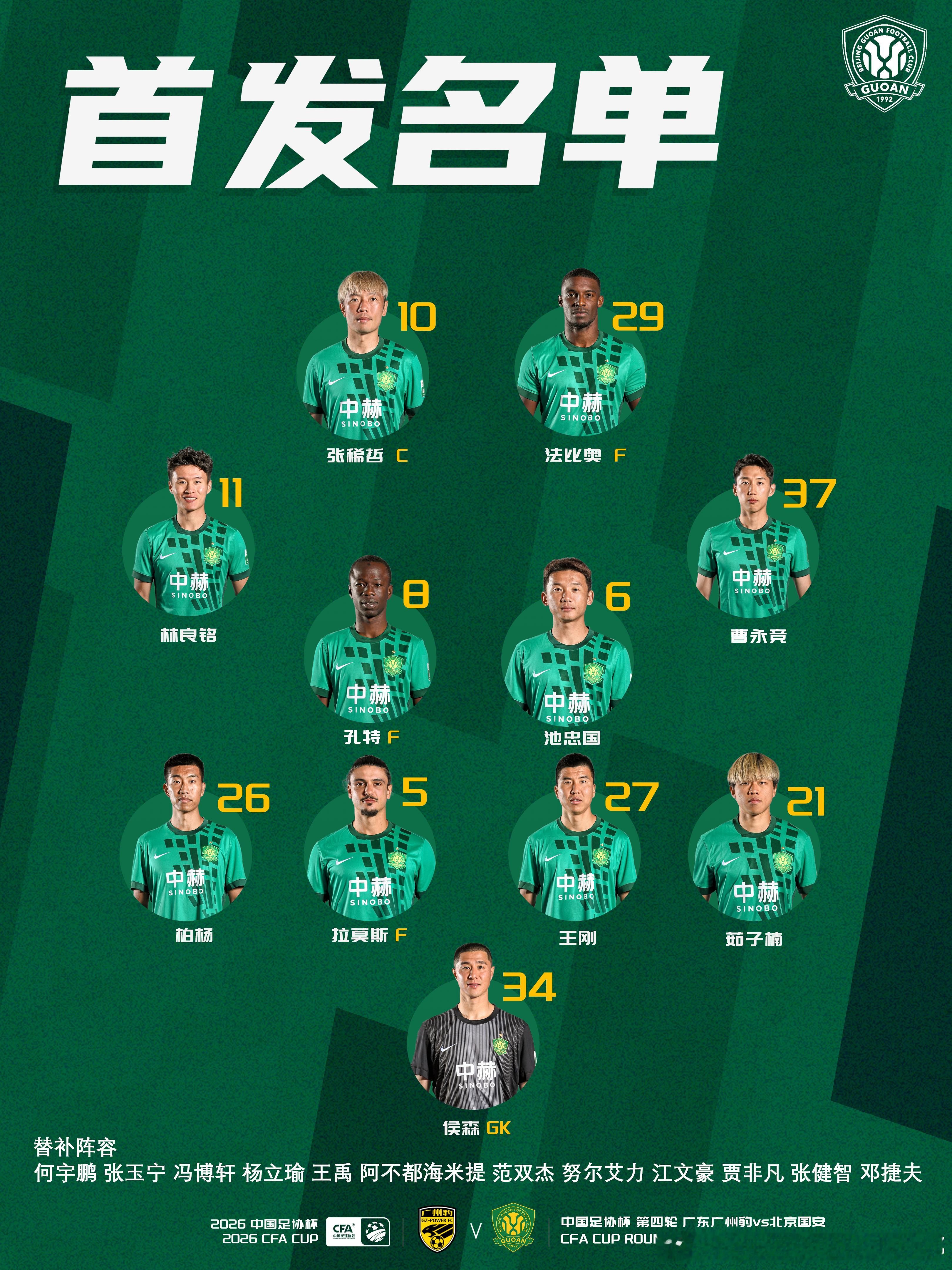 💚 北京国安今日首发💪 做客广州🔰 并肩战斗！北京国安中国足协杯