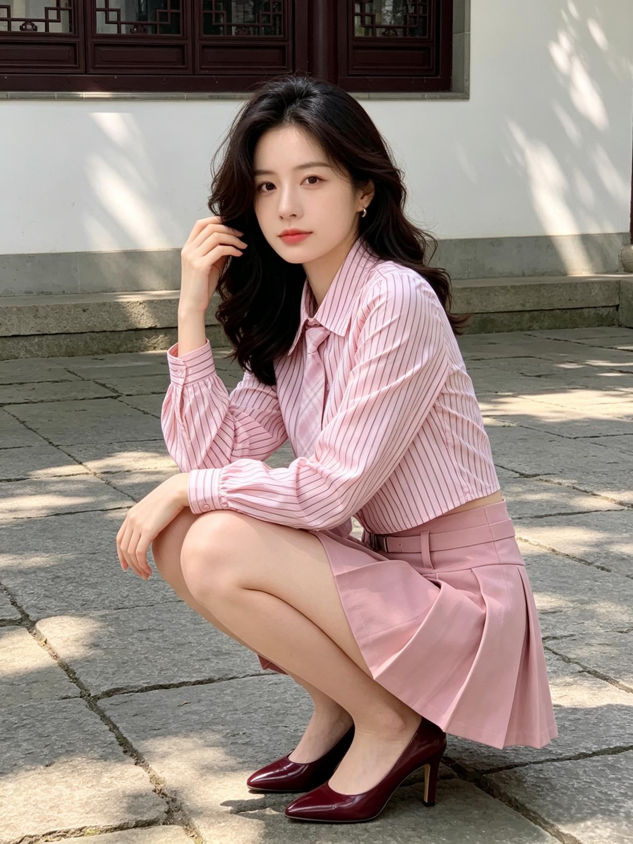 女孩子怎么穿搭既时尚又好看?粉色条纹衬衫配短裙，阳光洒落超温柔！蹲姿俏皮又优雅，