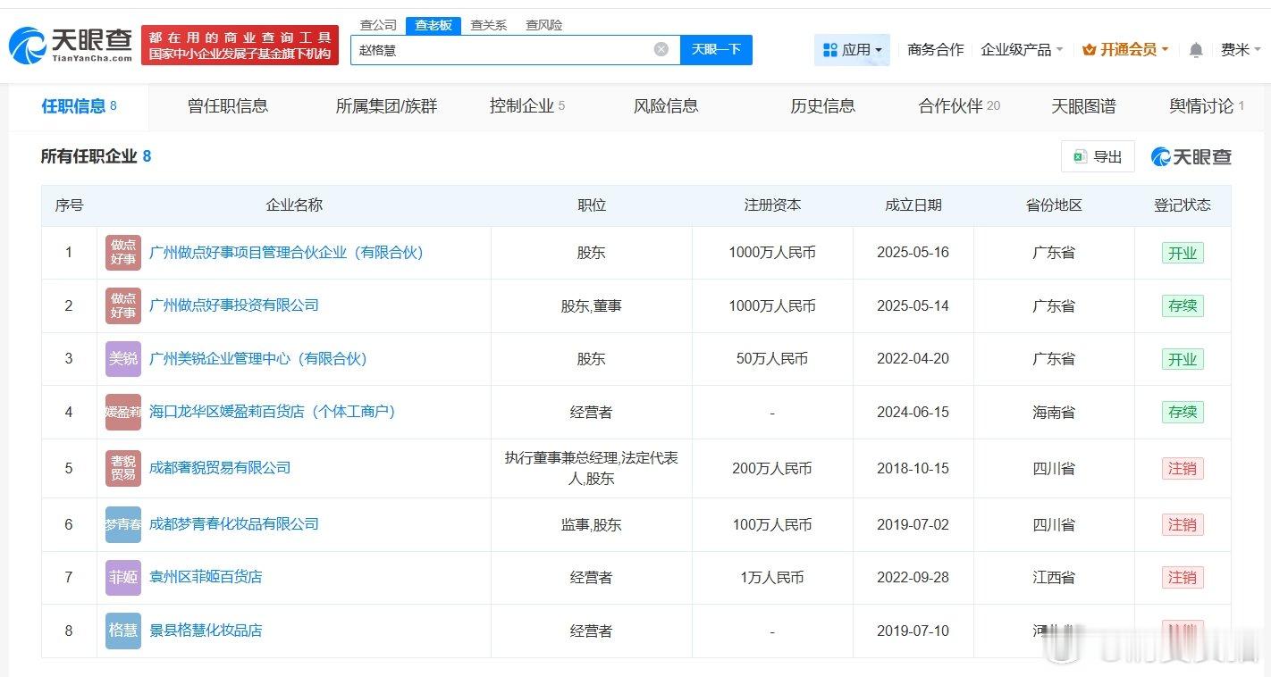 【赵梦澈去年成立2家新公司赵梦澈已注册个人IP商标】据媒体报道，近日，辛巴大徒弟