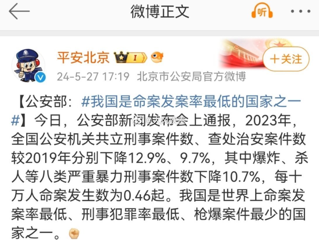#我国是命案发案率最低的国家之一#每十万人命案发生数为0.46起。我国是世界上命