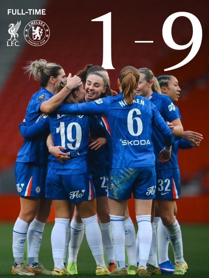 在刚结束的一场女足联赛杯1/4决赛中，利物浦女足主场1-9遭切尔西女足狂虐。上半