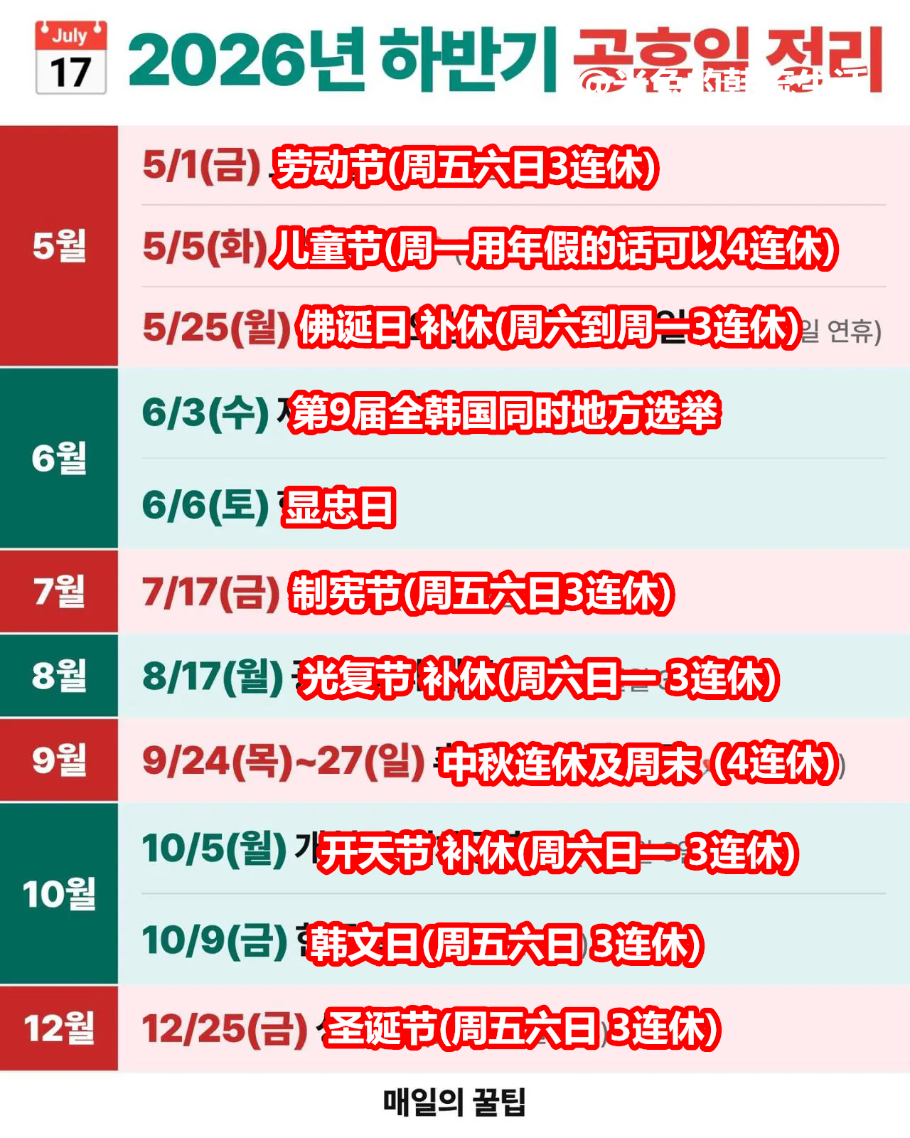 2026韩国下半年公休日整理(全部没有调休) 