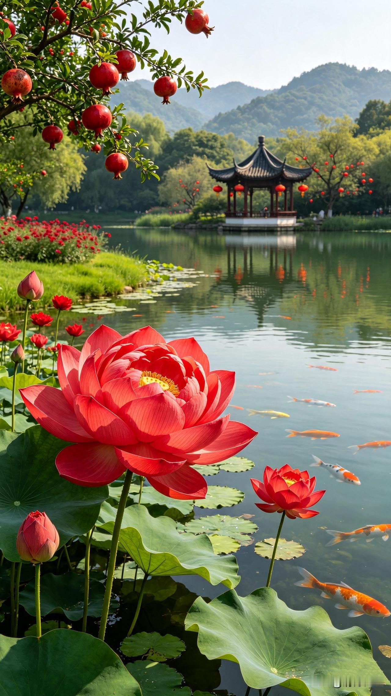 远山含翠，近水藏金，红荷盛开，锦鲤跃波，祝君前程似锦，生活红红火火！石榴多子多福
