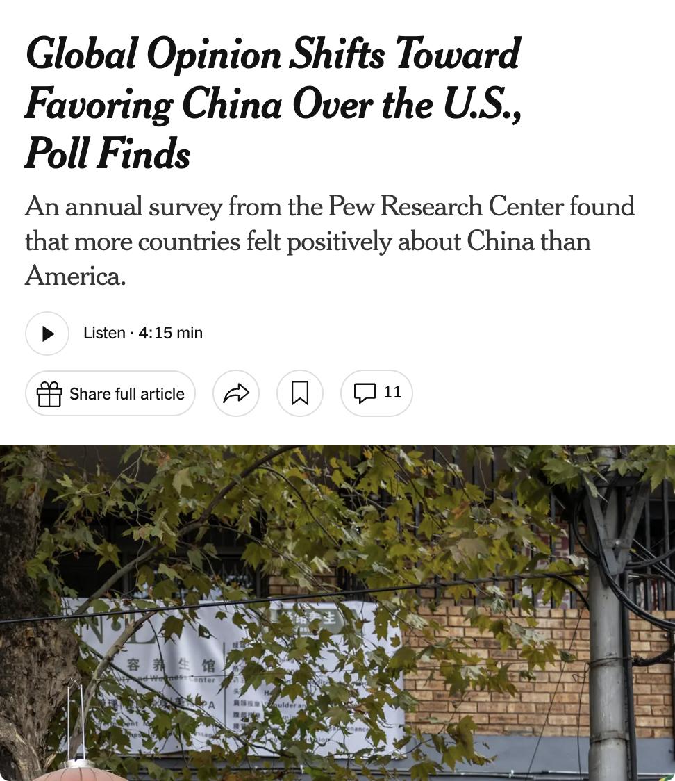 美媒：皮尤研究中心（Pew Research Center）最新全球民调结果显示