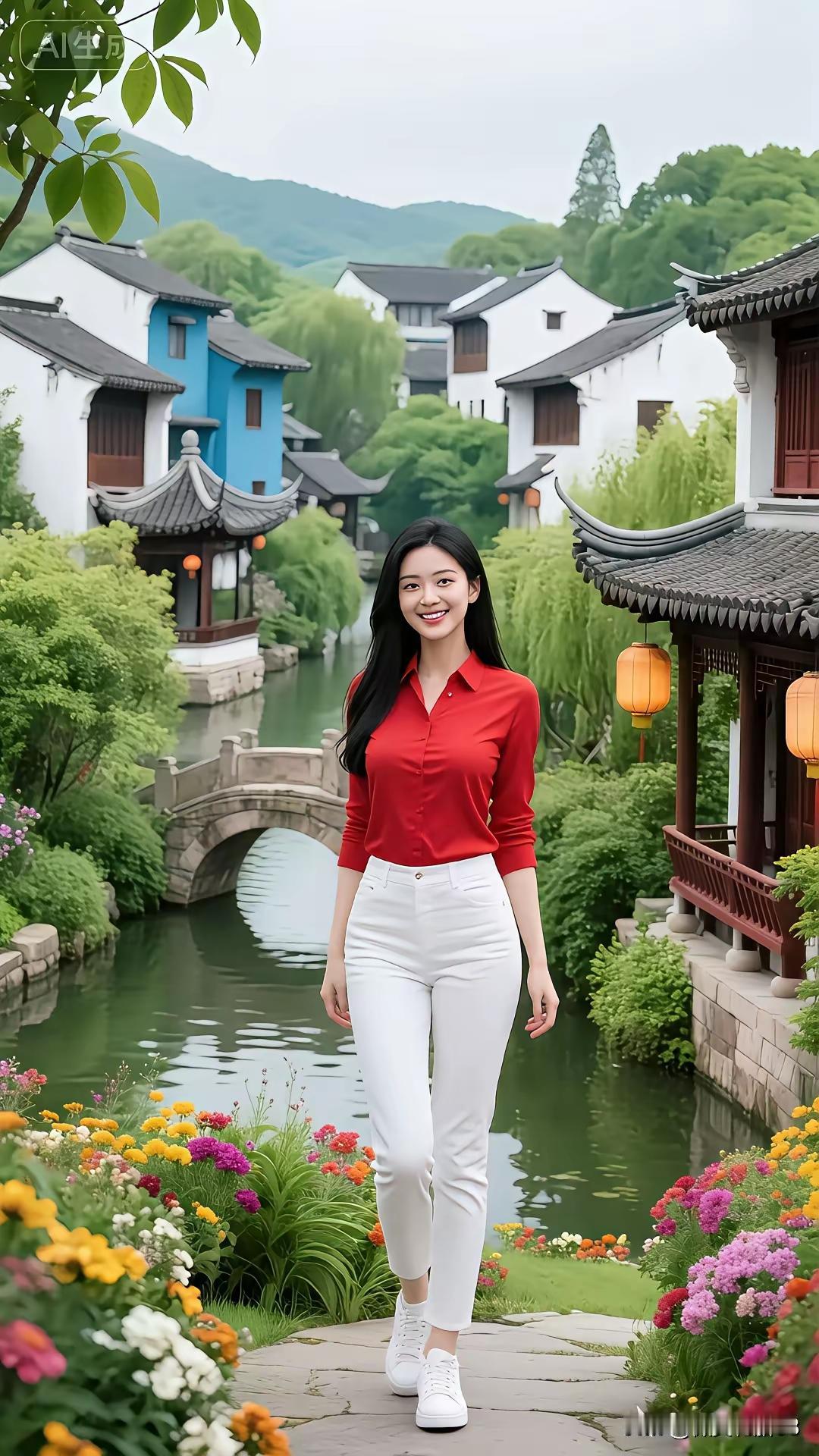 红白相间，漫步在花海与古桥之间，感受江南的诗意与宁静。