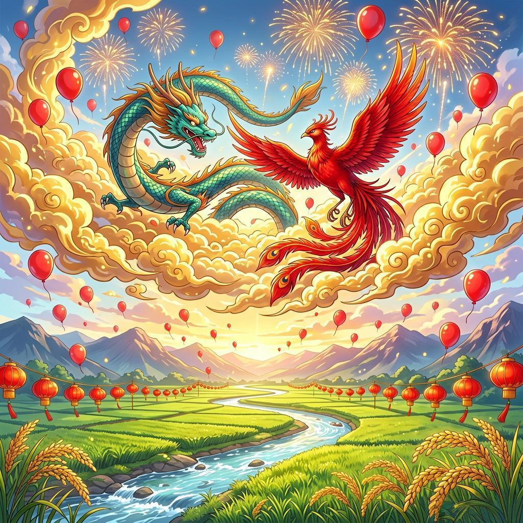 上联：龙腾盛世山河秀
下联：凤舞祥和中国红