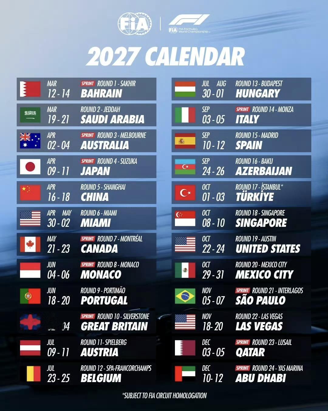 2027赛季F1赛历正式公布，中国大奖赛定于4月16日-18日举行