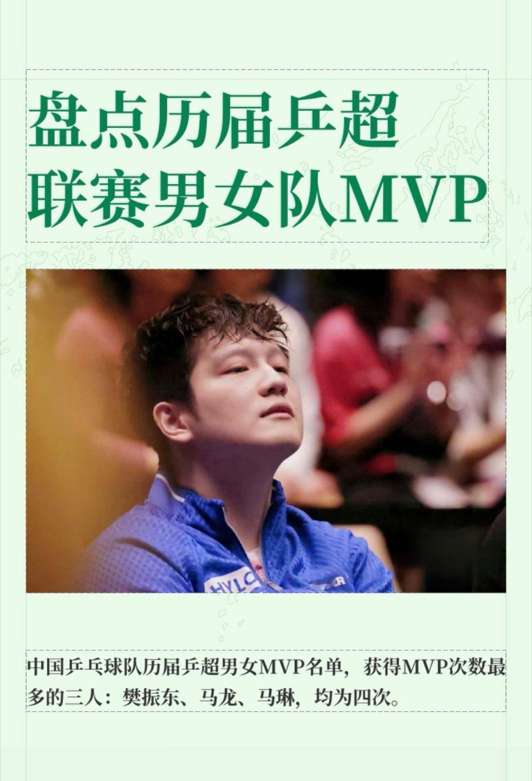 盘点历届乒超联赛男女MVP 获得MVP次数最多的三人：樊振东、马龙、马琳，均为四