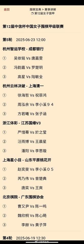 唐嘉雯 Vs 吴依铭：第12届女子围甲第5轮对阵