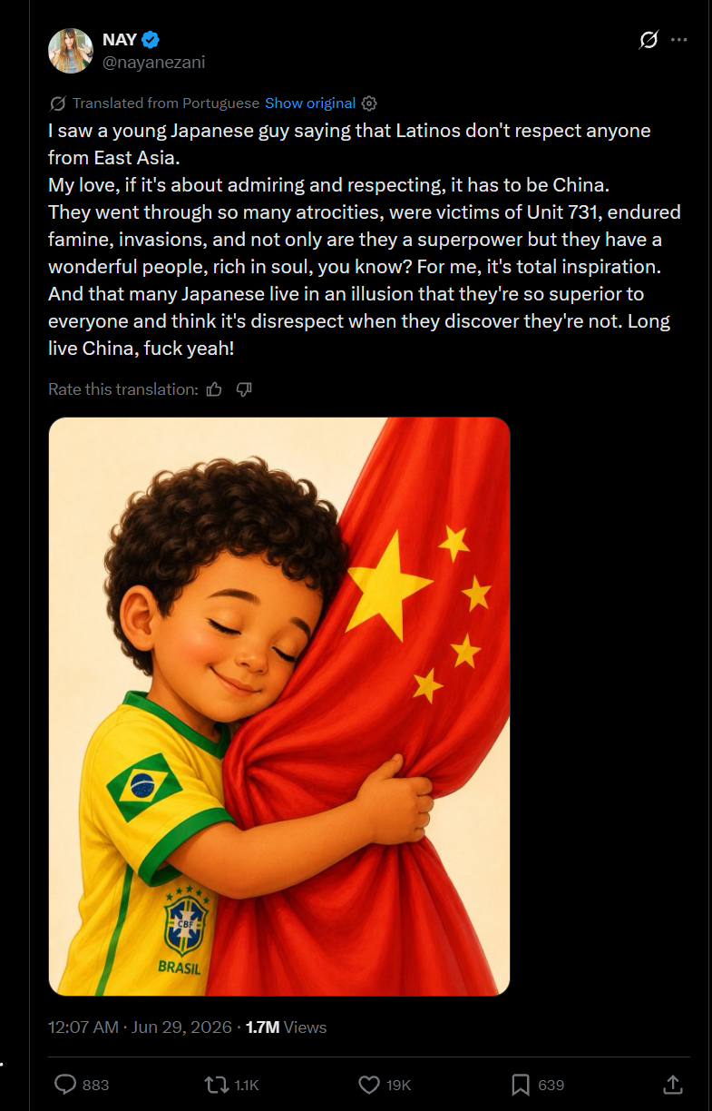 日本巴西撕逼的另一个段落，巴西X友反驳说，日本人污蔑巴西歧视东亚人，这不存在的，