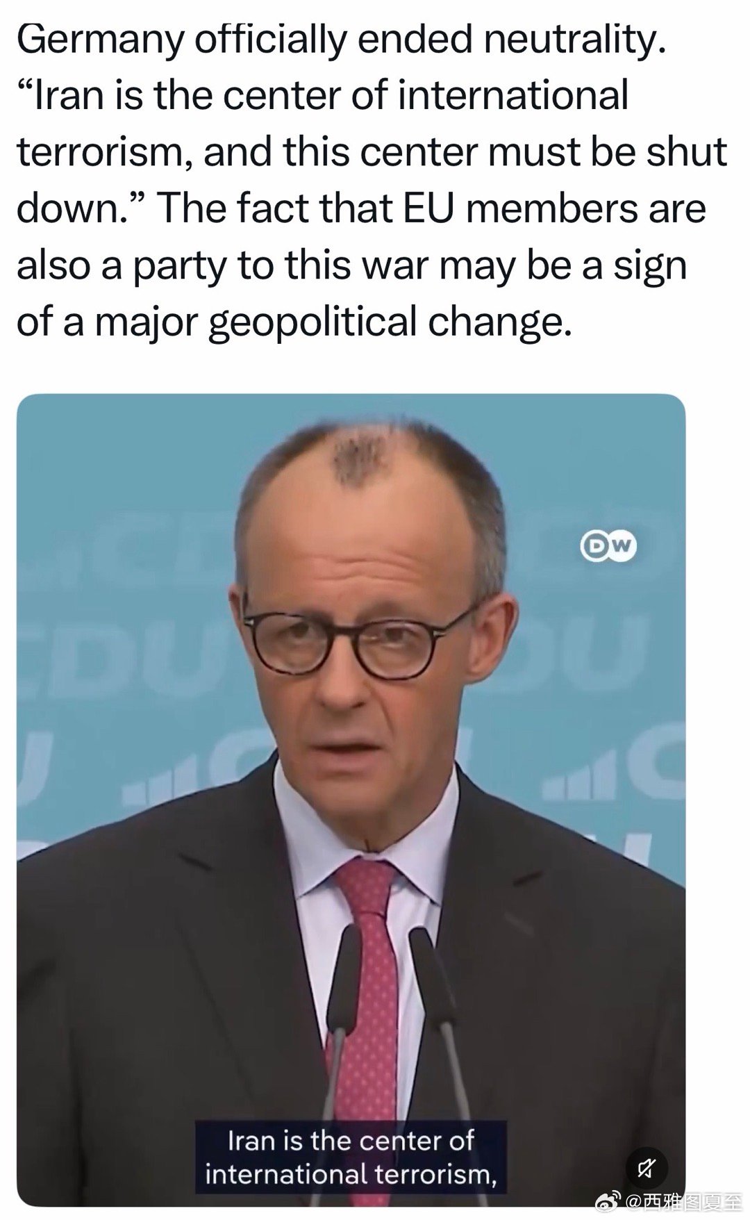 德国总理不再中立：伊朗是国际恐怖主义的中心，这个中心必须被关闭(注：英法领导人依