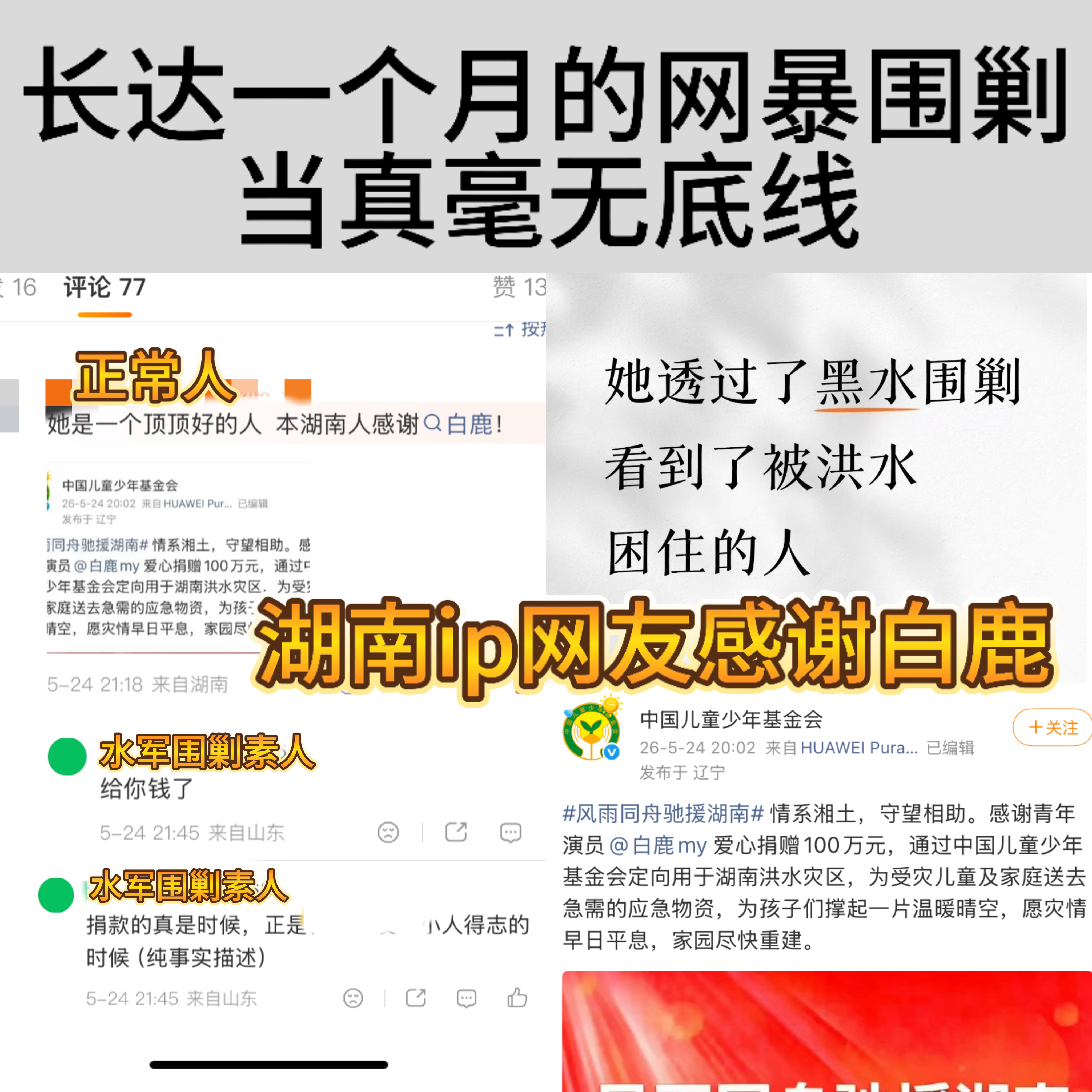我倒要看看带粉籍挑刺的是哪家的正主给水灾捐款了吗白鹿的跑男热度
