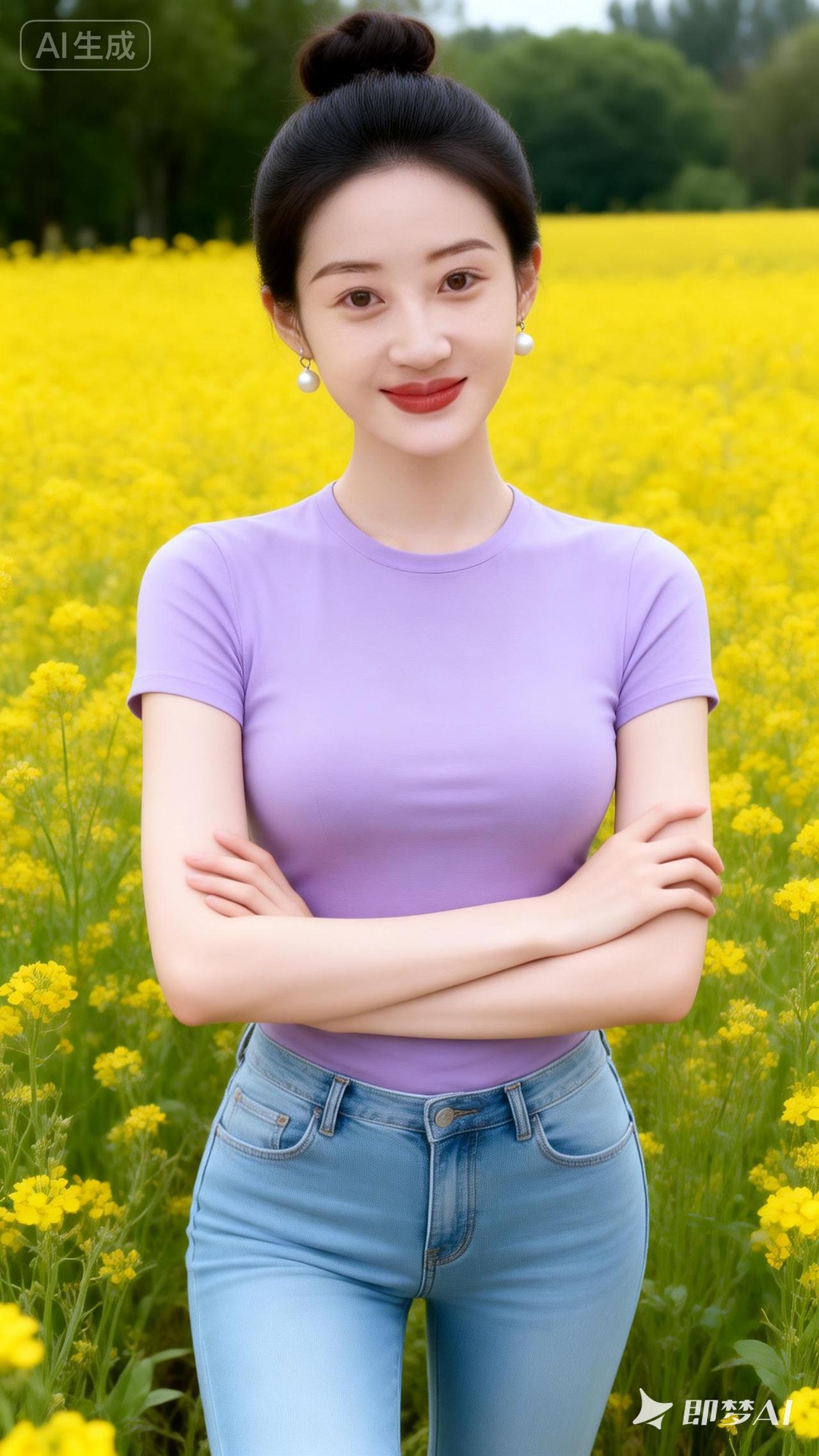 在花海中绽放，自信的紫色女孩