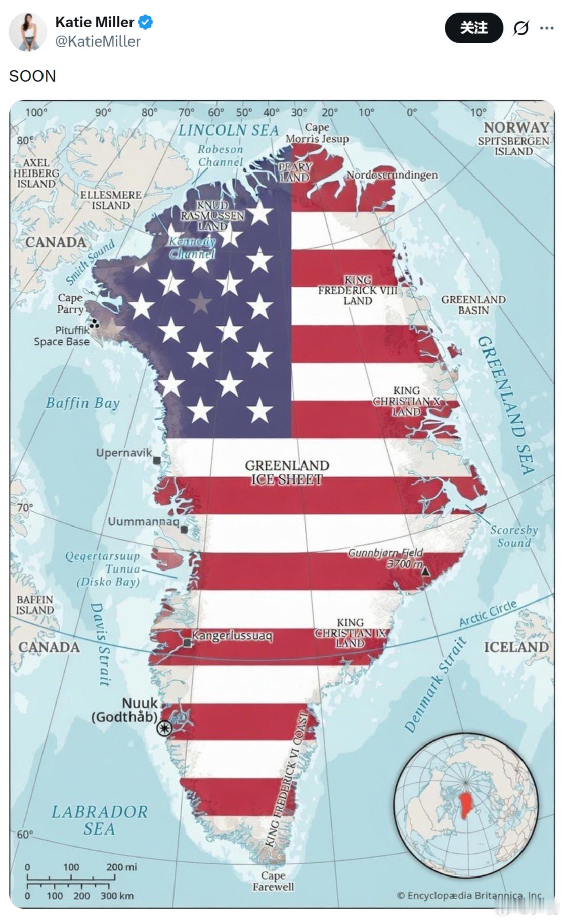 美国白宫办公厅副主任斯蒂芬·米勒的妻子在其X账号上发布了一张用美国国旗涂色的格陵