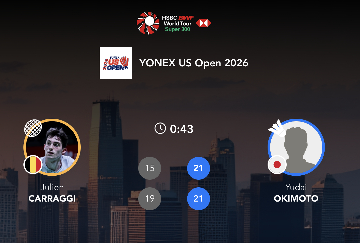 冲本优大🇯🇵 21-15、21-19 🇧🇪朱利安2026年美国羽毛球公开
