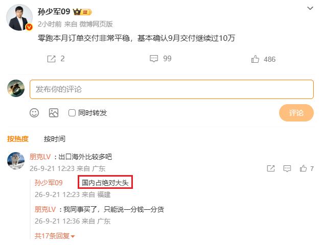 大V孙少军透露，零跑9月交付又是10万+，而且国内占绝对大头。
回看零跑近几个月