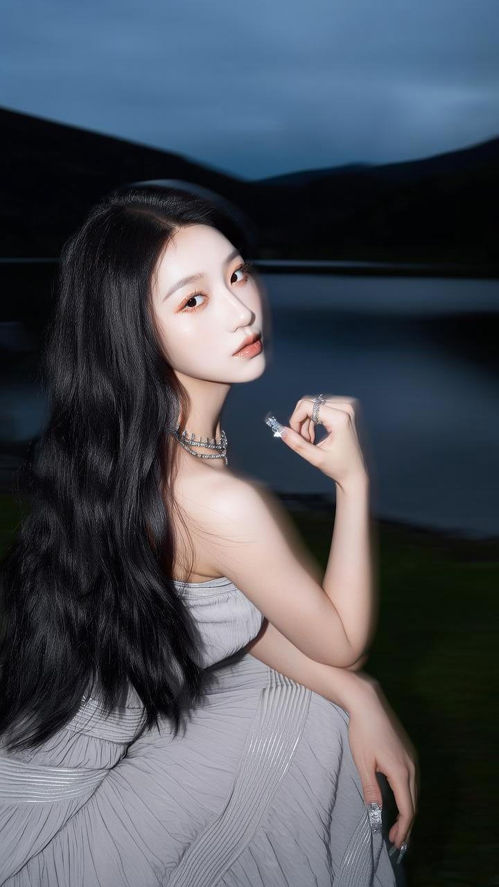 气质穿搭怎么穿才恰到好处? 夜晚湖畔的优雅女子，黑发如瀑，轻抚唇畔的烟，静谧而迷