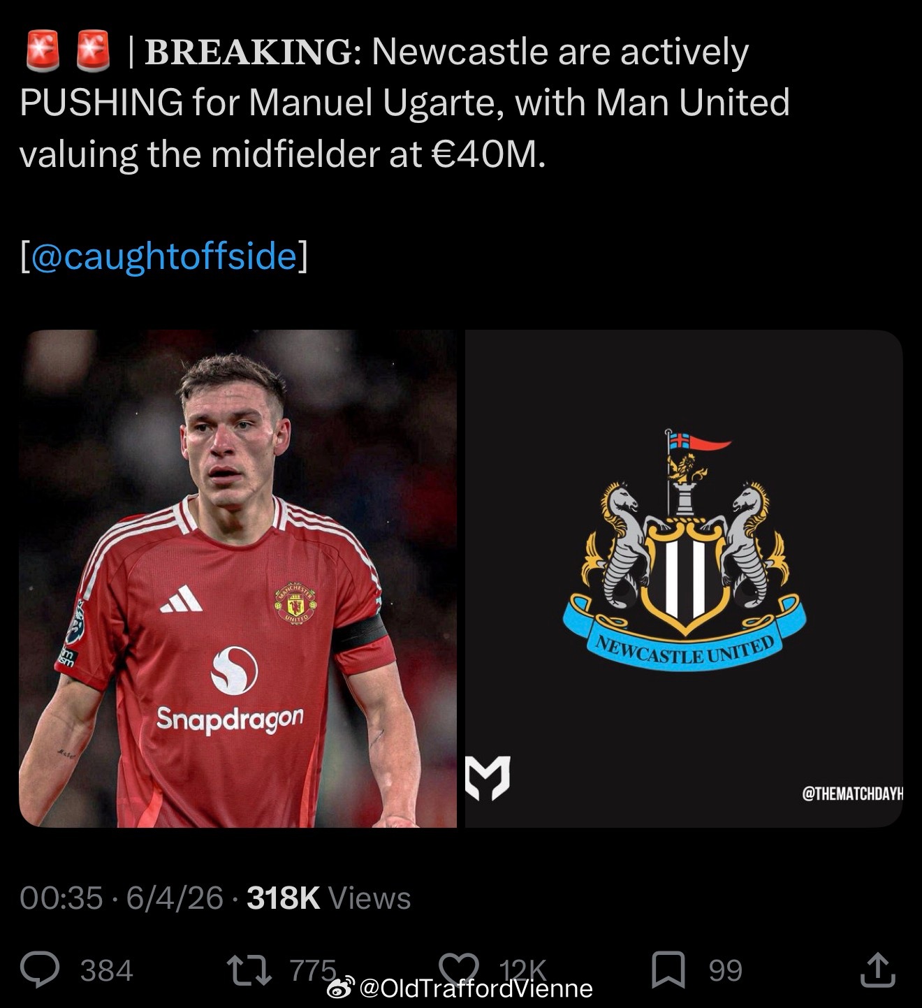 转会：纽卡斯尔积极推进引进乌加特的操作。曼联俱乐部为这名中场评估的身价是4000