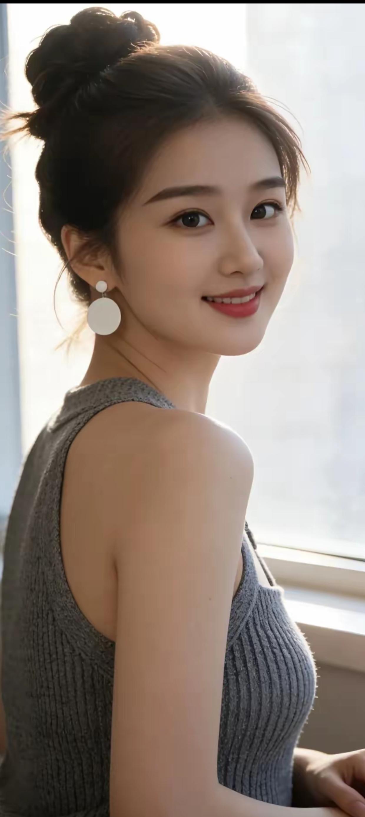 温柔微笑，简约优雅，自然光下的美丽瞬间。