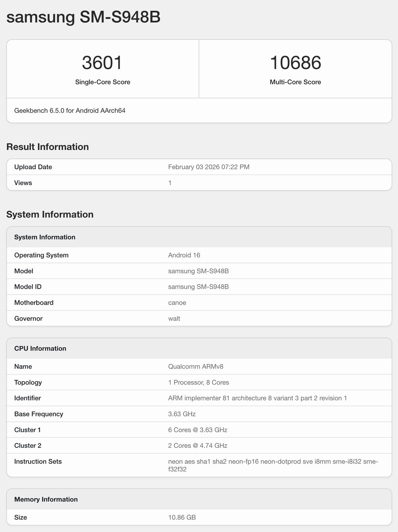 三星 Galaxy S26 Ultra Geekbench 6 跑分公布，首发第