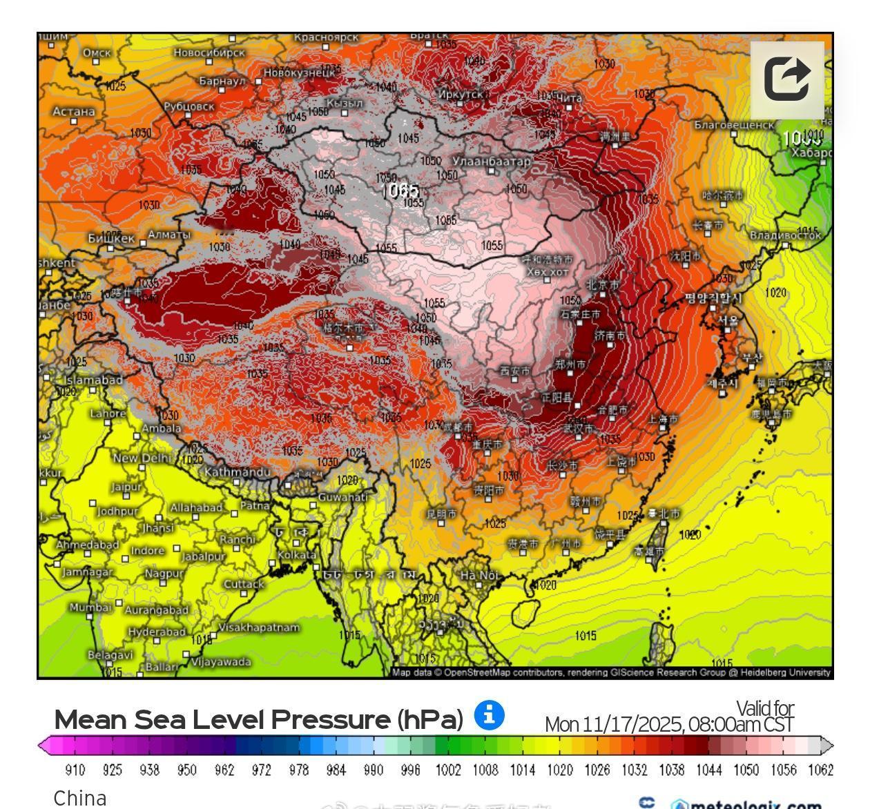 今晨ec.12z再度调高地面冷高压，在1065hpa附近，可以说是下半年以来最为